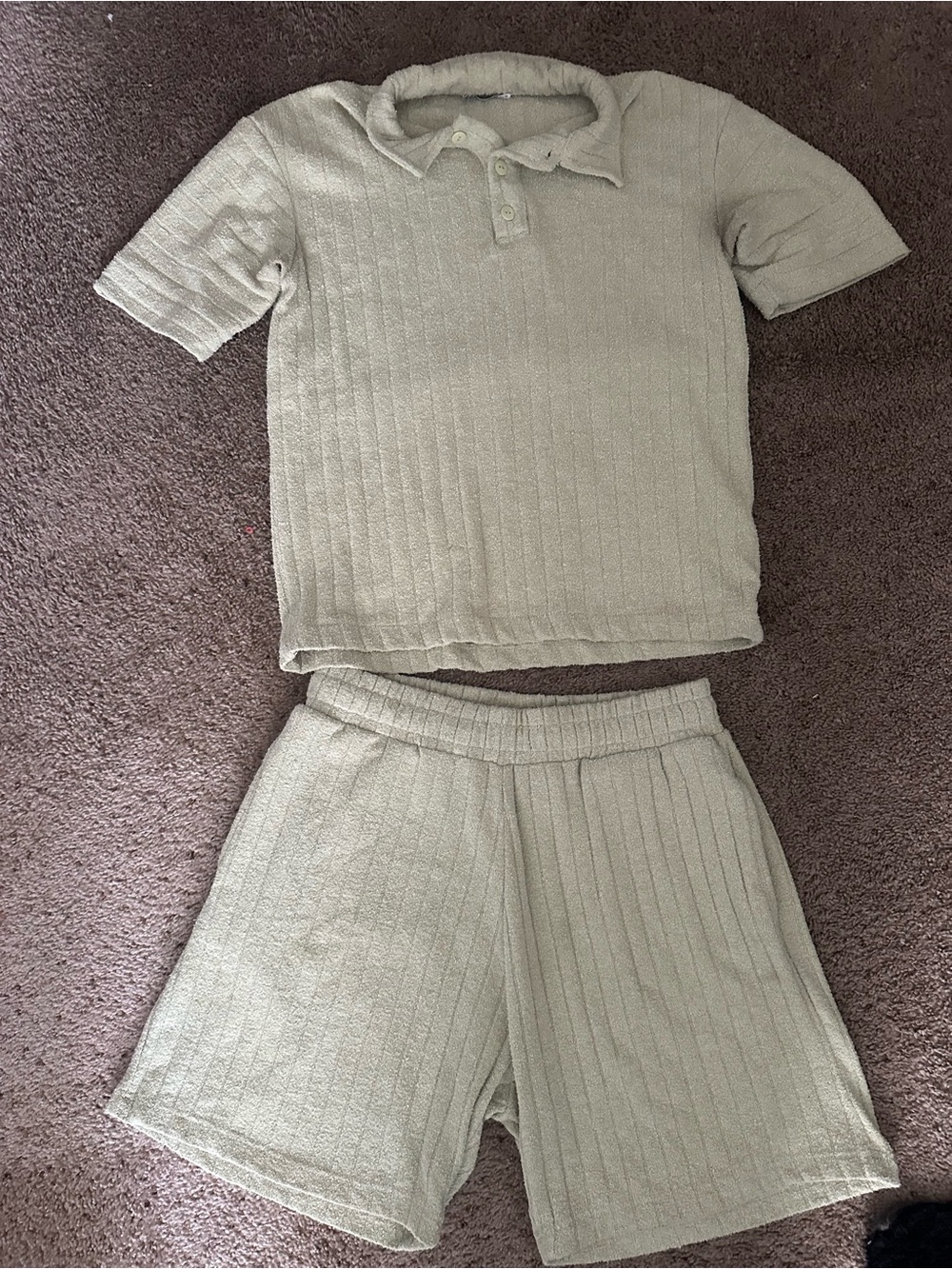 Zara Pale Sage Ribbed Knit Polo Shorts Set